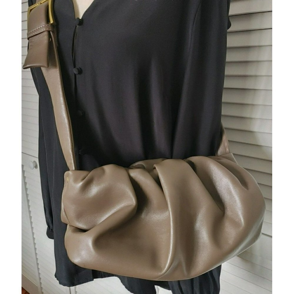 MW Most Wanted Faux Leather Shoulder Bag Taupe Ruched with Buckle Strap - Picture 2 of 6